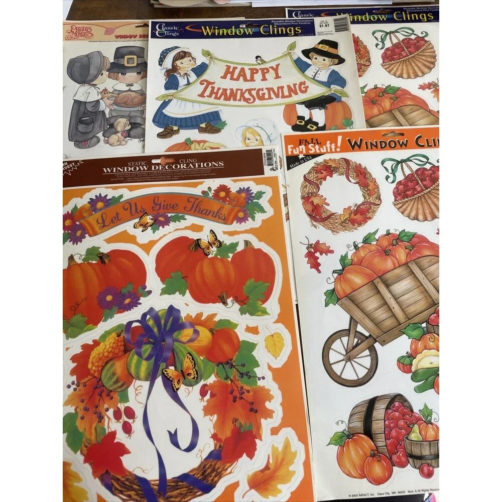 5 Vintage Vinyl Window Clings Thanksgiving And Fall Themed Pumpkins Turkey